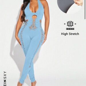 SOLD Blue cut-out halter jumpsuit